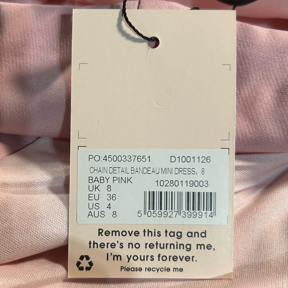 NEW Missguided Bandeau Mini Dress Baby Pink Strapless Waist Chain Slit Women’s 4 - Picture 7 of 10
